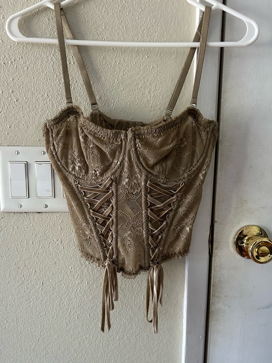 Urban Outfitters Tops - UO Lace-Up Taupe Lace Bustier Top